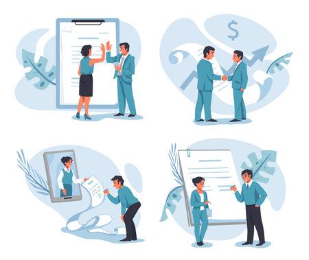 Contract signature. Partners signing documents. Businessman negotiation. Business agreement. People handshaking. Successful deal. Electronic legal consultations. Vector concepts setのイラスト素材