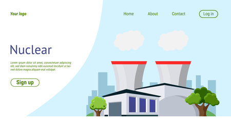 Power plant landing page. Nuclear station. Electricity generation reactor. Website design template. Alternative resource. Electrical production. Industrial powerhouse. Vector backgroundのイラスト素材