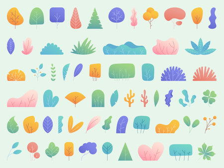 Flat plants. Tree leaf, bush and simple leaves gradient colors, minimal tropical jungle foliage. Cute flower, forest elements for decor. Vector cartoon design isolated botanical illustrationのイラスト素材