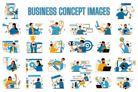 Business concept. Corporate management. Startup and project presentation. Teamwork brainstorm. Job discussion. Software development. Businessmen communication. Vector company managers setのイラスト素材