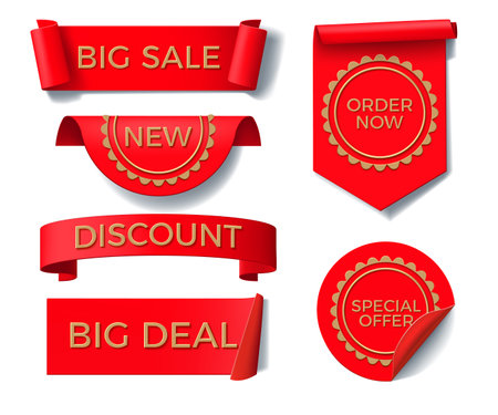 Label tags. New price ribbon. Sale sticker. Discount banner. Red badge. 3D order icon or special sign paper. Retail advertising. Scroll and flag. Vector promotion marketing elements setのイラスト素材
