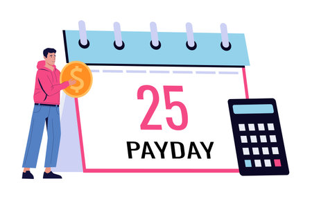People with coins. Payday at calendar. Man waiting salary. Pay day. Wage for working. Employee holding money banknotes. Finance profit calculation. Organizer memo reminder. Vector conceptのイラスト素材