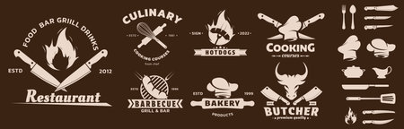 Chef recipe icons. Bistro class label. Restaurant food. Bakery cuisine. Retro cap and knife. Culinary course. Hotdog symbol. Barbecue grill bar. Vector silhouette elements setのイラスト素材
