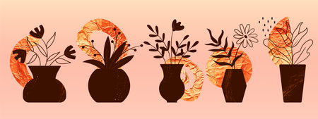 Vase silhouettes. Flowers and leaves. Abstract golden textured geometric background. Home plants. Bouquets in interior, natural boho wall art print. Decorative flowerpot. Vector minimal setのイラスト素材