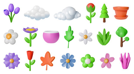 3d flowers. Summer, spring nature leaves, tree leaf on green plant field herbs. Floral garden cover, color poster. Tulip, chamomile and flowerpot. Y2K stickers. Vector cartoon illustrationのイラスト素材