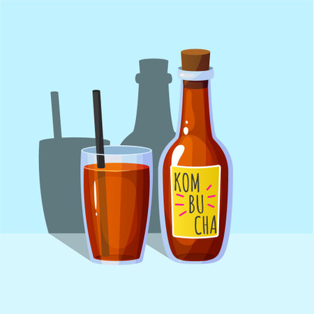 Kombucha bottle. Fermented tea. Antioxidant diet lemonade. Drink glass with straw. Healthy mushroom beverage. Refreshing probiotic vegan cider. Jar and cup shadows. Vector cafe bannerのイラスト素材