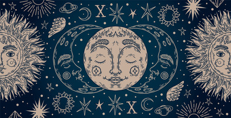 Celestial sun and moon. Tarot vintage card, mystic zodiac star and pattern with esoteric astrology...