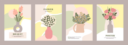 Flower posters. Bouquet in vase, Organic shapes background. Spring summer cards with branch of plants. Wall art elegance contemporary design. Modern bloom garden prints. Vector illustrationのイラスト素材