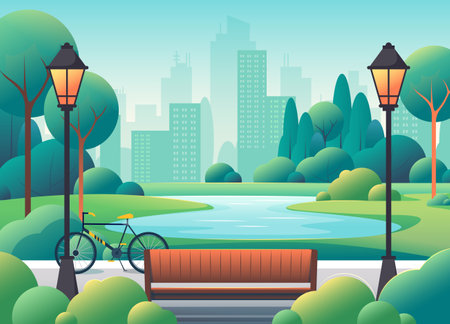 City park. Spring garden ground. Urban nature landscape. Public play on green rose street. Activity in recreation scenery. Summer trees and pond. Bench with lanterns. Vector backgroundのイラスト素材