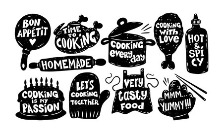 Food cook elements. Bakery icon. Chef cap or apron stickers. Kitchenware black silhouette lettering. Typography stamp. Yummy meal bowl. Cooking pan. Vector badges setのイラスト素材