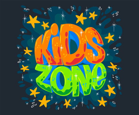 Kid zone . Color game play. Playground area. Children fun letters. Bubble abstract font. Amusement party. Happy baby room banner. Playroom label. Kindergarten club. Vector backgroundのイラスト素材