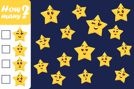 How many stars. Preschool kids worksheet. Workbook test. Math counting. Sorting quiz. Children logic game. Searching identical emoji. Funny emoticons. Vector educational puzzle designのイラスト素材