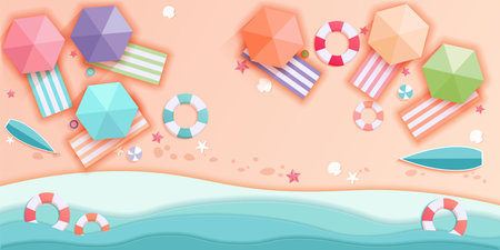 Summer beach. Paper cut sea art. Summertime vacation. Origami resort seashore. Sunbathing umbrella top view. Mat on sand. Water lifebuoy. Seaside landscape. Vector travel backgroundのイラスト素材