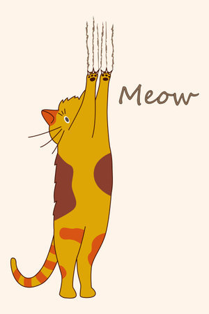 Cat poster. Pet scratching. Claw shred. Domestic animal. Naughty kitty. Furrow traces. Harm from feline paw talons. Funny kitten meow. Playful mischievous mammal. Vector cartoon cardのイラスト素材