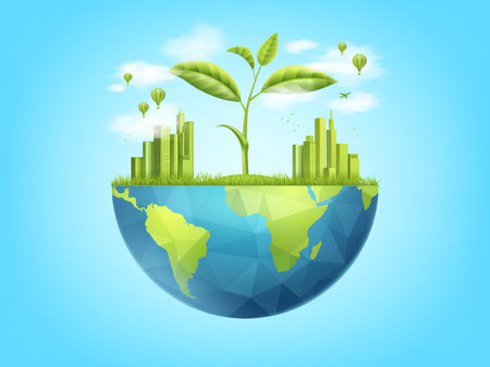 World environment. Green earth, tree and skyscrapers, recycle and save planet eco concept, nature globe ecosystem. Eco friendly banner or poster 3d isolated element. Vector design backgroundのイラスト素材