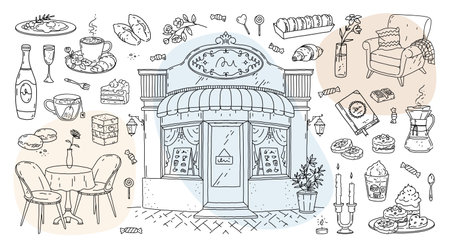 Cafe drawing. Cute woman enjoying madeleine with book. Vintage sketch in silhouette outline design. Coffee cup. Sweet desserts. Table with chairs. Restaurant door. Vector hand drawn styleのイラスト素材