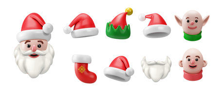 3d Santa. Claus hat, beard and Noel elf kit. Winter red sock, happy new year head and cap. Fashion party art. Render isolated glossy festive Christmas. Vector cartoon realistic xmas setのイラスト素材