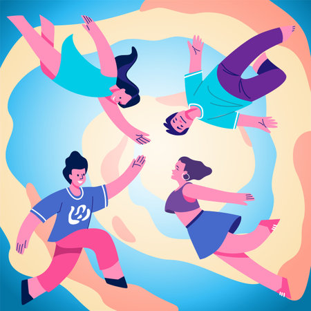 Abstract flying people. Happy young men and women in sky. Dreaming and freedom symbol. Guy and girl in different poses. Imagination and inspiration movement. Vector cartoon illustrationのイラスト素材