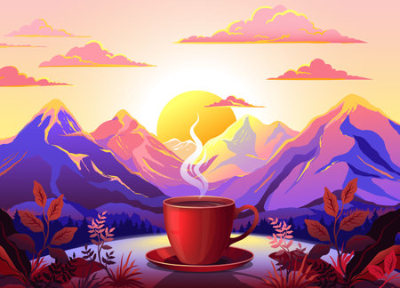Coffee break. Morning tea cup. Hot drink steam. Breakfast food on kitchen. Nature panorama. Restaurant art with green leaves and scenic sunrise. Mountain landscape. Vector backgroundのイラスト素材