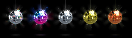 Disco ball. 3D party mirror light globe. Hanging silver discoball for retro dance DJ club. Golden, red and neon glow glittering spheres. 90s celebration discotheque elements vector setのイラスト素材