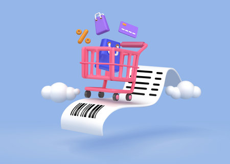 3D shop cart. Sale basket. Purchase buy. Sale commerce. Shopping discount. Sell product bag in supermarket. Store mall. Render bill with trolley in sky. Cost receipt. Vector conceptのイラスト素材