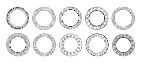 Roman border. Ancient Rome frame. Round Greek pattern. Grecian circular texture. Classic tattoo. Antique ornament. Mediterranean repeated ring motif. Vector decorative lines circles setのイラスト素材