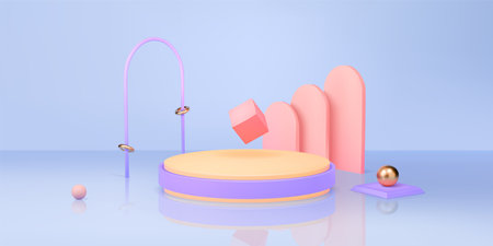 Abstract podiums. Geometric playground scene, block and pastel ball pedestal with steps and shelf. Modern stage, product presentation isolated mockup. Advertising scene. Vector backgroundのイラスト素材