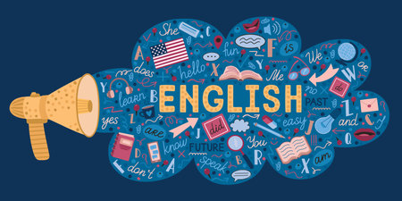 Speak English. Foreign language learning course or grammar textbook. Megaphone speaker. Education class. Loudspeaker speech bubble. Vocabulary dictionary. Vector school lesson bannerのイラスト素材