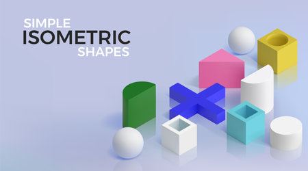 3D isometric shapes. Geometric background. Technology block cube. Abstract gradient platform. Plastic figures. Color sphere and cylinder. Glossy surface reflection. Vector poster designのイラスト素材