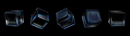 3D glass cube. Abstract square object. Transparent light shape on black background. Futuristic...