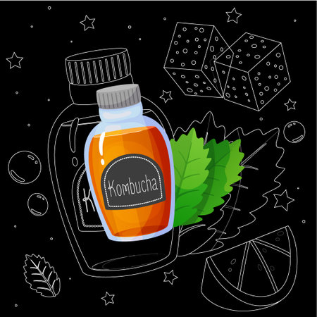 Kombucha bottle. Fermented tea. Antioxidant Chinese lemonade. Healthy drink. Ginger and sugar. Mint leaves. Natural probiotic cider. Organic mushroom beverage. Vector banner line designのイラスト素材