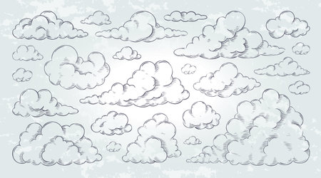 Vintage cloud. Sky sketch, hand draw black and white woodcut style isolated elements, retro line icon collection. Detailed fluffy engraving cloudscape, monochrome graphic vector pencil drawingのイラスト素材