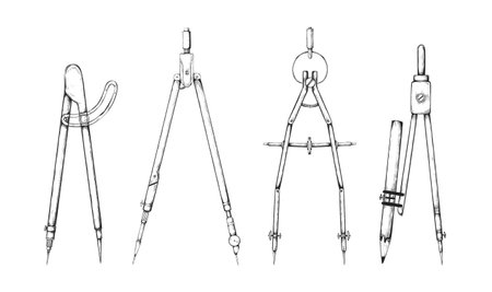 Vintage compass. Sketch stationery. Math education. Architecture tool or engineer drafting measure....