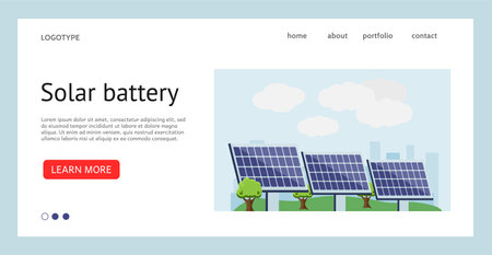 Power plant landing page. Solar panel. Renewable energy of sun. Electricity generation. Website design template. Alternative resource. Ecological powerhouse technology. Vector backgroundのイラスト素材