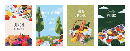 Spring picnic. Summer food basket on blanket, family party background with cartoon snack, grass and lunch. Wicker basket, sweet snack, outdoor dinner. Hand draw isolated vector poster setのイラスト素材