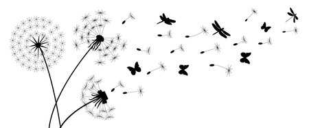 Dandelion pattern. Flower seeds blowing. Butterfly flight. Blowball cloud silhouette flying on wind. Summer freedom. Fluffy blossom bud. Blooming plant stem. Vector graphic illustrationのイラスト素材