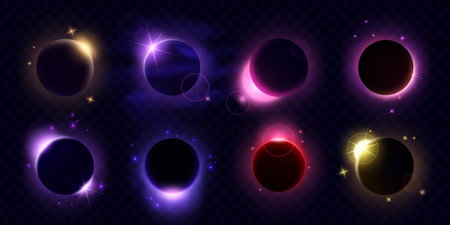 Solar eclipse. Moon light. Planet and sun globe in space. Neon blue and green glow effect. Shine crescent. Sparkle shapes. Galaxy lighting. Bright illumination. Vector cosmic flashes setのイラスト素材