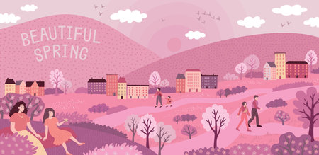 Spring background. Cherry blossom, cute sakura flowers and tree. Pink japan landscape, april sky and houses. Little homes and walking people, cartoon flat style isolated vector designのイラスト素材