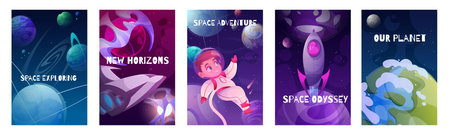 Space background. Astronaut on planet, universe with future cartoon rocket and planetary child character. Vertical childish posters, futuristic banners design. Vector isolated illustrationのイラスト素材