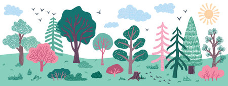 Cute tree. Hand drawn spring forest paint, abstract cartoon summer garden or sketch sun bush and leaf. Green and pink plants, horizontal banner backdrop. Doodle landscape. Vector backgroundのイラスト素材