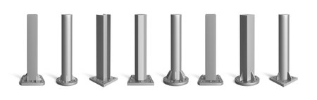 Steel column. Metal pole. Iron pipe or vertical bar pillar for construction post. Industrial design market. Architecture 3D stand with aluminum screws. Vector isolated signposts setのイラスト素材