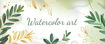 Green background. Watercolor flower and golden leaf, spring watercolour gold leaves. Pastel summer minimal luxury wallpaper. Natural invitation, elegant eucalyptus, olive branch. Vector designのイラスト素材