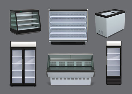 Supermarket freezer. Store shelf display. Empty open chiller. Showcase stand. Grocery market door. Merchandise presentation. 3D refrigerator. Shopping rack. Vector showing furniture setのイラスト素材