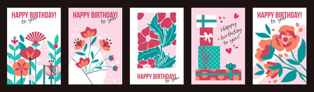 Birthday card. Happy party pattern with cake and minimal geometric funny icons. Celebrate anniversary, fun gifts. Spring summer flowers bouquet. Cartoon flat isolated vector flat designのイラスト素材