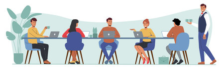 Man working at computer desk. People sitting at negotiation table with laptops. Colleagues brainstorm. Business discussion. Waiter with coffee for office workers. Vector cartoon conceptのイラスト素材