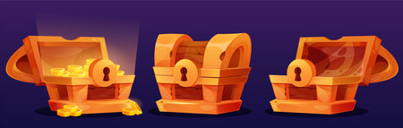 Open chest. 3d box, pirate gold or empty and full closed trunk. Wooden coffer with lock, magic light...