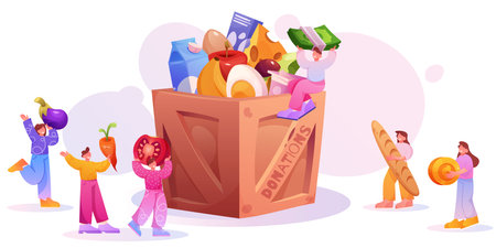 Food donate. Charity box, volunteer drive and help tiny people in grocery or shelter. Poor community support service. Cartoon flat style isolated donation product vector backgroundのイラスト素材