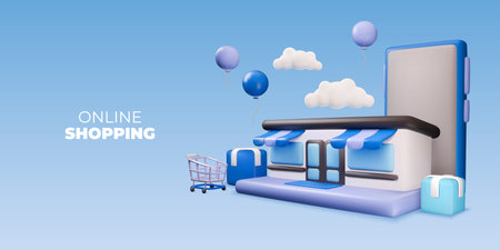 3d shop. Phone store. Supermarket gift banner with market cart and parcel box. Delivery or sale platform web concept. Smartphone app. Boutique storefront. Vector website backgroundのイラスト素材