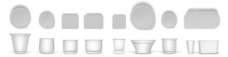 Yogurt cup. Plastic container. Package mockup. Realistic pot pack for dairy product. Yoghurt jar shapes. Blank sour cream box side and top view. Milk mousse dessert. Vector packaging setのイラスト素材