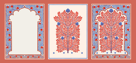 Mughal flowers. Indian floral motif. Turkish tree or traditional bunch. Leaves and fruits on branches. Plant blossoms frame. Pakistan embroidery art. Botanical ornament banners vector setのイラスト素材